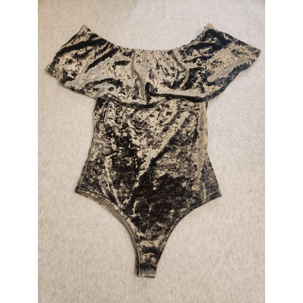 Honey Punch Bodysuit Womens Medium Silver Crushed Velvet Off Shoulder Ruffle